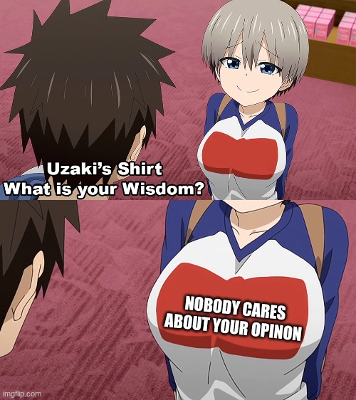 Uzaki shirt | NOBODY CARES ABOUT YOUR OPINON | image tagged in uzaki shirt | made w/ Imgflip meme maker