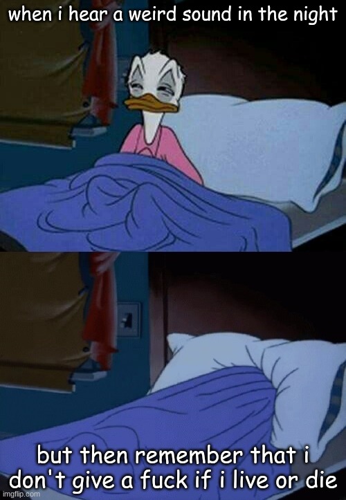when i hear a weird sound in the night; but then remember that i don't give a fuck if i live or die | image tagged in nothingmatters,meme | made w/ Imgflip meme maker