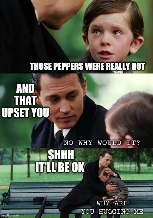 Finding Neverland | THOSE PEPPERS WERE REALLY HOT; AND THAT UPSET YOU; SHHH IT'LL BE OK; NO WHY WOULD IT? WHY ARE YOU HUGGING ME | image tagged in memes,finding neverland | made w/ Imgflip meme maker