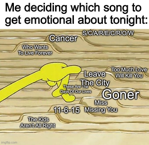 There are more but these are the worst | Me deciding which song to get emotional about tonight:; S/C/A/R/E/C/R/O/W; Cancer; Who Wants To Live Forever; Too Much Love Will Kill You; Leave The City; These Are The Days Of Our Lives; Goner; Miss Missing You; 11-6-15; The Kids Aren’t All Right | image tagged in spongebob filing,music,queen,mcr,fob,twenty one pilots | made w/ Imgflip meme maker