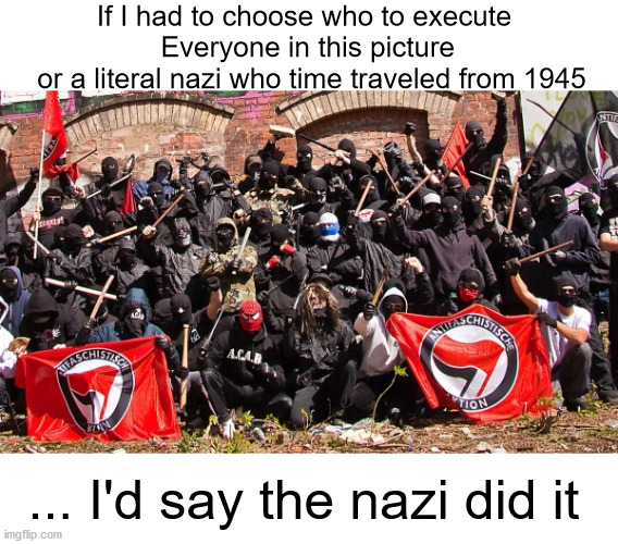 Hard choice | If I had to choose who to execute; Everyone in this picture 
or a literal nazi who time traveled from 1945; ... I'd say the nazi did it | image tagged in antifa,nazi,rioters,tyranny,pro gamer move | made w/ Imgflip meme maker
