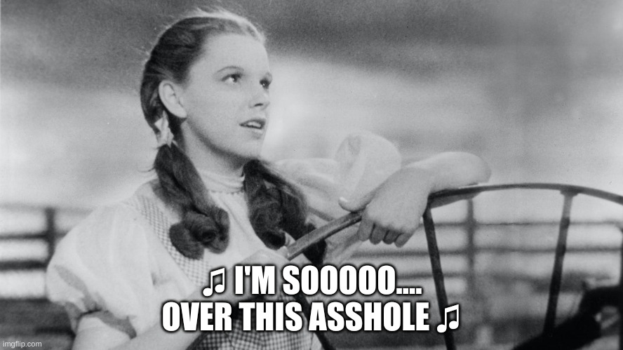 Over The Rainbow | ♫ I'M SOOOOO....
OVER THIS ASSHOLE ♫ | image tagged in judy garland,over the rainbow,over this asshole | made w/ Imgflip meme maker