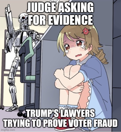 Trump lawsuit, 2020 election, election, voter fraud, 2020 lawsuit | JUDGE ASKING FOR EVIDENCE; TRUMP'S LAWYERS TRYING TO PROVE VOTER FRAUD | image tagged in anime girl hiding from terminator | made w/ Imgflip meme maker