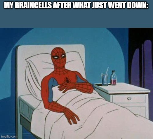 No ShIt ShErLoCk | MY BRAINCELLS AFTER WHAT JUST WENT DOWN: | image tagged in memes,spiderman hospital,spiderman | made w/ Imgflip meme maker