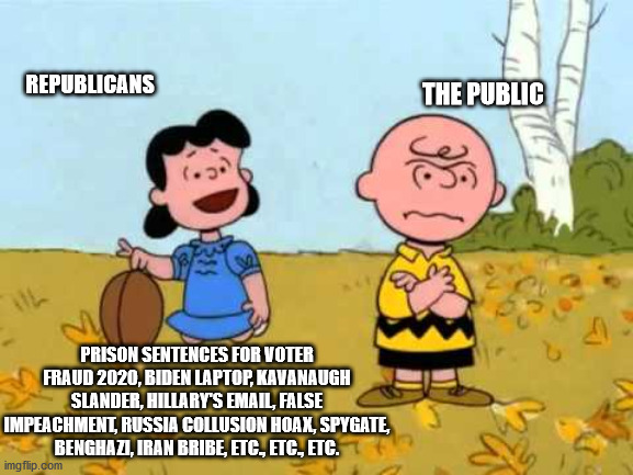 Republicans | REPUBLICANS; THE PUBLIC; PRISON SENTENCES FOR VOTER FRAUD 2020, BIDEN LAPTOP, KAVANAUGH SLANDER, HILLARY'S EMAIL, FALSE IMPEACHMENT, RUSSIA COLLUSION HOAX, SPYGATE, BENGHAZI, IRAN BRIBE, ETC., ETC., ETC. | image tagged in lucy football and charlie brown | made w/ Imgflip meme maker
