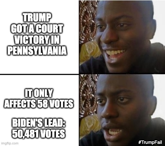 We won! - Oh . . . that's all . . . | TRUMP GOT A COURT VICTORY IN PENNSYLVANIA; IT ONLY AFFECTS 58 VOTES; BIDEN'S LEAD: 50,481 VOTES; #TrumpFail | image tagged in surpried disapointed man,trump,election,loser,court,failure | made w/ Imgflip meme maker