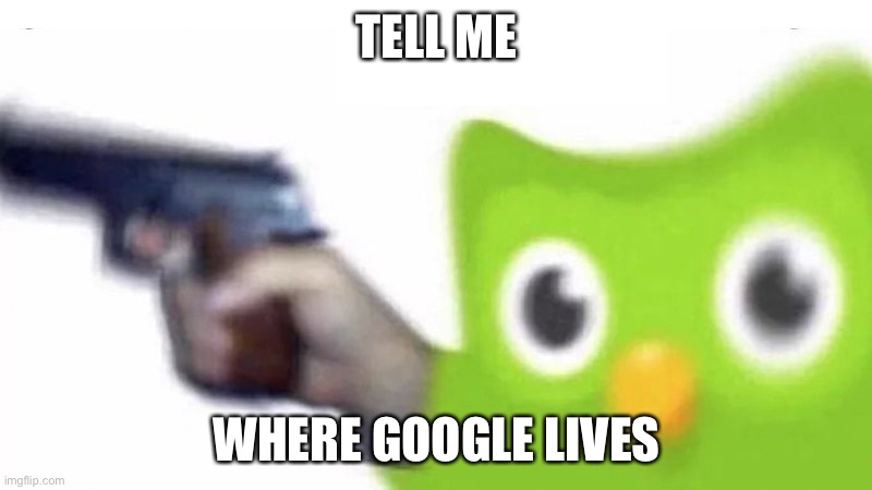 duolingo gun | TELL ME WHERE GOOGLE LIVES | image tagged in duolingo gun | made w/ Imgflip meme maker