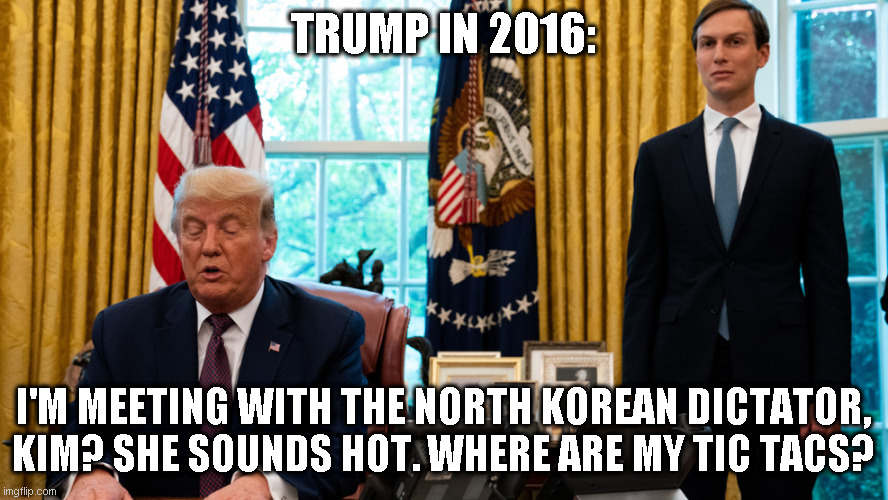 Big Brain Donnie | TRUMP IN 2016:; I'M MEETING WITH THE NORTH KOREAN DICTATOR, KIM? SHE SOUNDS HOT. WHERE ARE MY TIC TACS? | image tagged in stupid trump | made w/ Imgflip meme maker