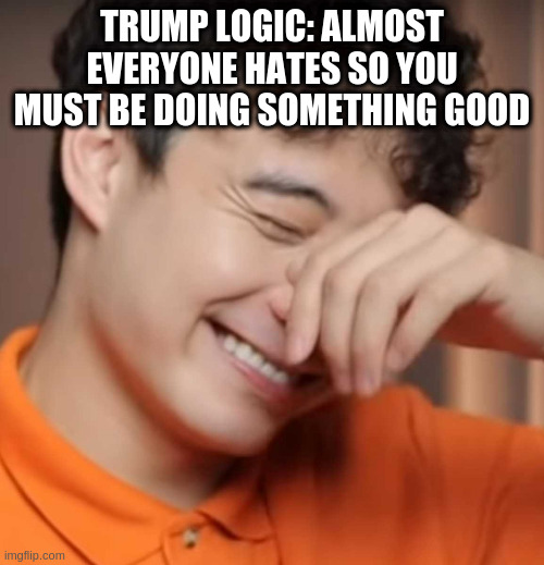 when projection doesn't work try reverse projection aka if everyone is pissed off it must be good | TRUMP LOGIC: ALMOST EVERYONE HATES SO YOU MUST BE DOING SOMETHING GOOD | image tagged in yeah right uncle rodger,nihilism,psychology,laugh | made w/ Imgflip meme maker