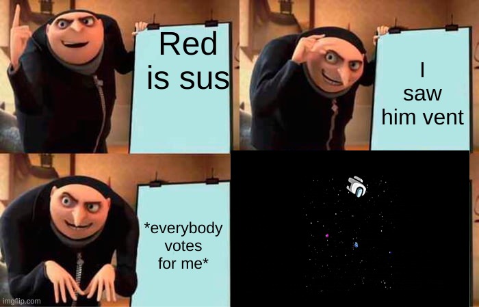 Gru's Plan | Red is sus; I saw him vent; White was the imposter; *everybody votes for me* | image tagged in memes,gru's plan | made w/ Imgflip meme maker