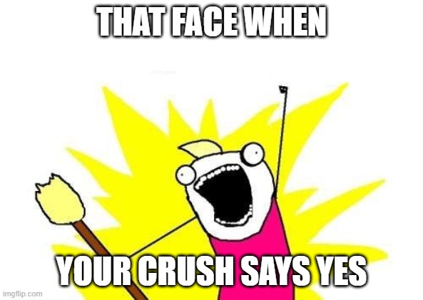 X All The Y Meme | THAT FACE WHEN; YOUR CRUSH SAYS YES | image tagged in memes,x all the y | made w/ Imgflip meme maker