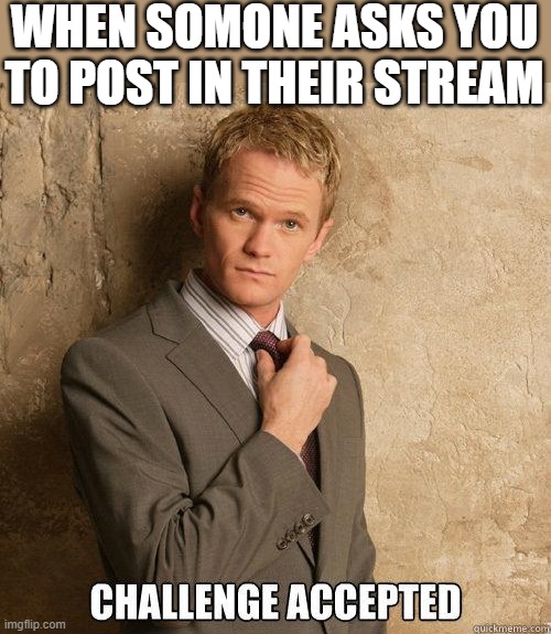 Challenge Accepted | WHEN SOMONE ASKS YOU TO POST IN THEIR STREAM | image tagged in challenge accepted,i'm 15 so don't try it,who reads these | made w/ Imgflip meme maker