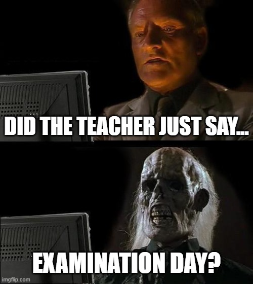 Exams in a nutshell | DID THE TEACHER JUST SAY... EXAMINATION DAY? | image tagged in memes,i'll just wait here | made w/ Imgflip meme maker