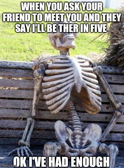 Waiting Skeleton | WHEN YOU ASK YOUR FRIEND TO MEET YOU AND THEY SAY I'LL BE THER IN FIVE; OK I'VE HAD ENOUGH | image tagged in memes,waiting skeleton | made w/ Imgflip meme maker