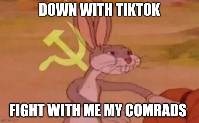 DIE TIKTOK |  DOWN WITH TIKTOK; FIGHT WITH ME MY COMRADES | image tagged in bugs bunny communist | made w/ Imgflip meme maker