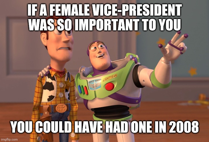 X, X Everywhere Meme | IF A FEMALE VICE-PRESIDENT WAS SO IMPORTANT TO YOU; YOU COULD HAVE HAD ONE IN 2008 | image tagged in memes,x x everywhere | made w/ Imgflip meme maker
