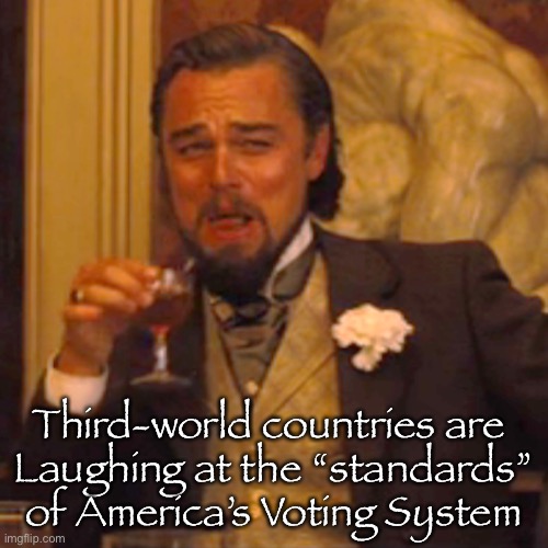 Laughing Leo | Third-world countries are 
Laughing at the “standards” of America’s Voting System | image tagged in memes,laughing leo | made w/ Imgflip meme maker