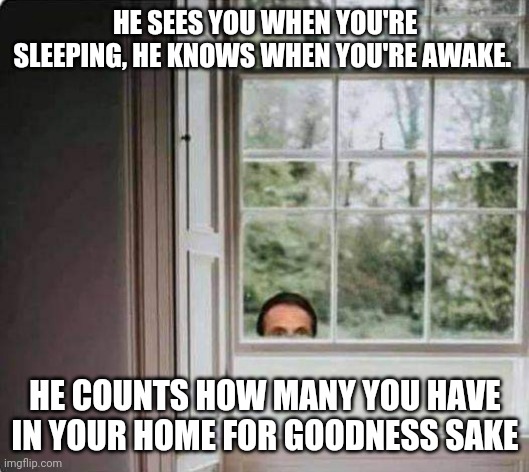 Peeping Cuomo | HE SEES YOU WHEN YOU'RE SLEEPING, HE KNOWS WHEN YOU'RE AWAKE. HE COUNTS HOW MANY YOU HAVE IN YOUR HOME FOR GOODNESS SAKE | image tagged in andrew cuomo,cuomo | made w/ Imgflip meme maker