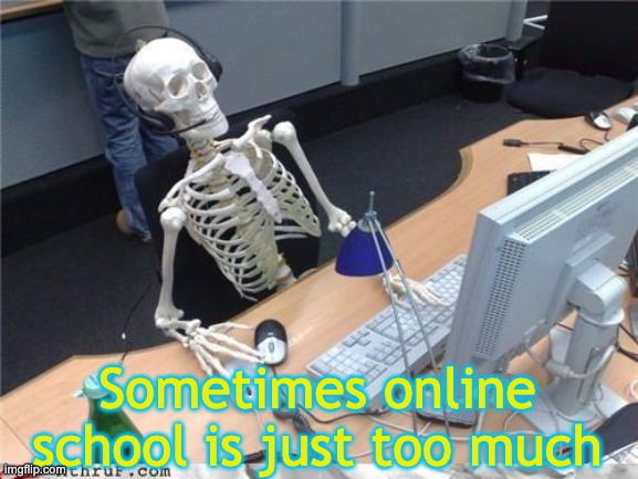 Good thing for blue light glasses! | Sometimes online school is just too much | image tagged in waiting skeleton,school | made w/ Imgflip meme maker