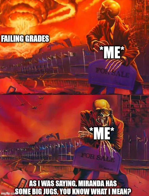 Hmmmm... | FAILING GRADES; *ME*; *ME*; AS I WAS SAYING, MIRANDA HAS SOME BIG JUGS, YOU KNOW WHAT I MEAN? | image tagged in as i was saying | made w/ Imgflip meme maker