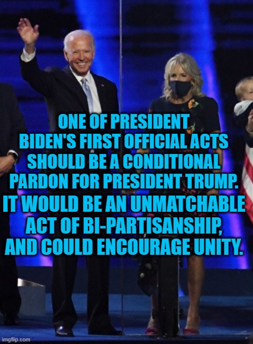 "A Time To Heal." | ONE OF PRESIDENT BIDEN'S FIRST OFFICIAL ACTS SHOULD BE A CONDITIONAL PARDON FOR PRESIDENT TRUMP. IT WOULD BE AN UNMATCHABLE ACT OF BI-PARTISANSHIP, AND COULD ENCOURAGE UNITY. | image tagged in politics | made w/ Imgflip meme maker