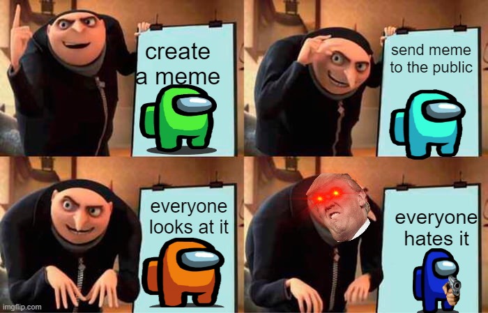 enjoy | create a meme; send meme to the public; everyone looks at it; everyone hates it | image tagged in memes,gru's plan | made w/ Imgflip meme maker