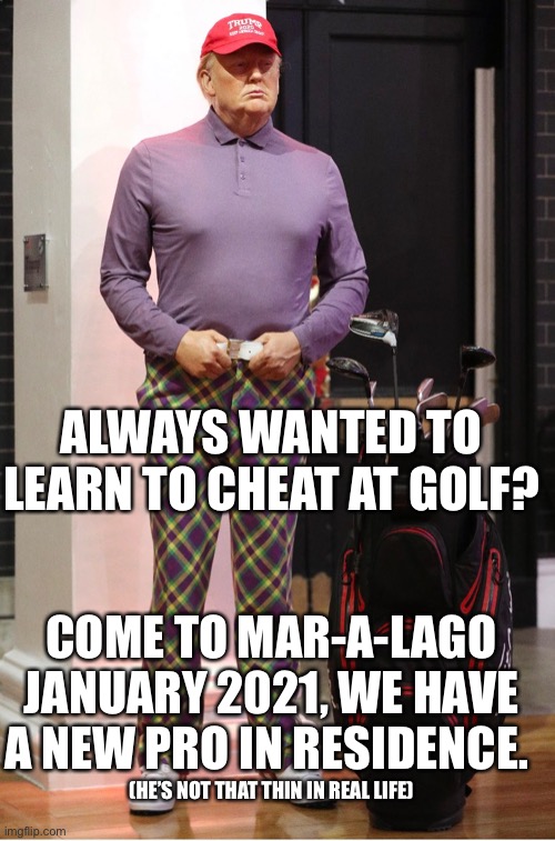New golf Pro | ALWAYS WANTED TO LEARN TO CHEAT AT GOLF? COME TO MAR-A-LAGO JANUARY 2021, WE HAVE A NEW PRO IN RESIDENCE. (HE’S NOT THAT THIN IN REAL LIFE) | image tagged in donald trump,biggest loser,golf,fatty,trump | made w/ Imgflip meme maker