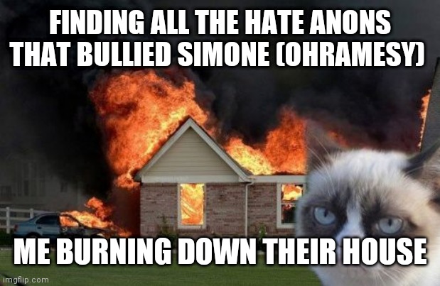 Burn Kitty Meme | FINDING ALL THE HATE ANONS THAT BULLIED SIMONE (OHRAMESY); ME BURNING DOWN THEIR HOUSE | image tagged in memes,burn kitty,grumpy cat,choices,choices stories you play | made w/ Imgflip meme maker