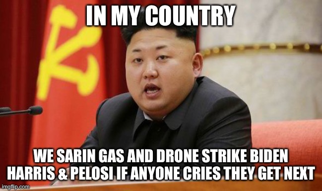 Kim Jong Un | IN MY COUNTRY WE SARIN GAS AND DRONE STRIKE BIDEN HARRIS & PELOSI IF ANYONE CRIES THEY GET NEXT | image tagged in kim jong un | made w/ Imgflip meme maker