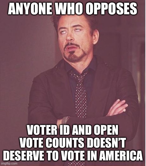 Face You Make Robert Downey Jr Meme | ANYONE WHO OPPOSES VOTER ID AND OPEN VOTE COUNTS DOESN’T DESERVE TO VOTE IN AMERICA | image tagged in memes,face you make robert downey jr | made w/ Imgflip meme maker