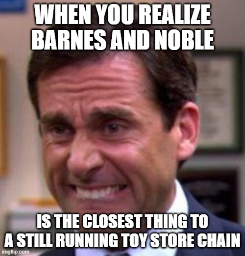 Michael Scott | WHEN YOU REALIZE BARNES AND NOBLE; IS THE CLOSEST THING TO A STILL RUNNING TOY STORE CHAIN | image tagged in michael scott | made w/ Imgflip meme maker