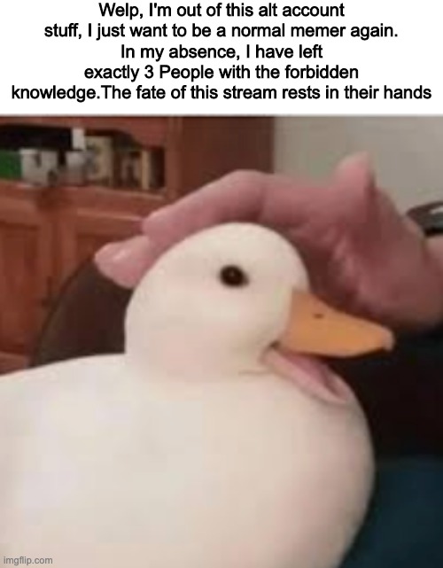 Welp, I'm out of this alt account stuff, I just want to be a normal memer again.
In my absence, I have left exactly 3 People with the forbidden knowledge.The fate of this stream rests in their hands | made w/ Imgflip meme maker