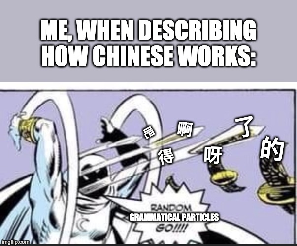 Random Bullshit Go | ME, WHEN DESCRIBING HOW CHINESE WORKS:; 了; 啊; 吧; 的; 呀; 得; GRAMMATICAL PARTICLES | image tagged in random bullshit go | made w/ Imgflip meme maker