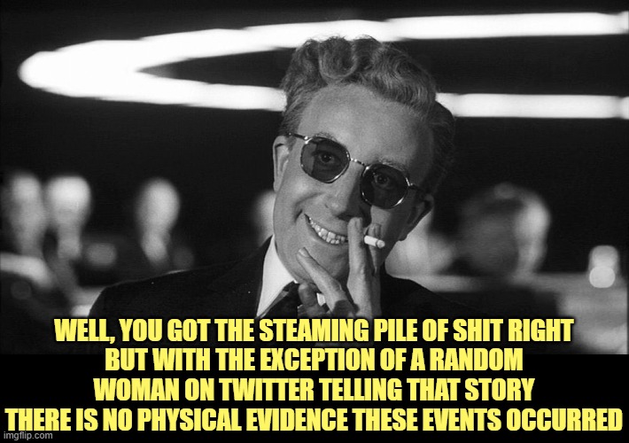 Doctor Strangelove says... | WELL, YOU GOT THE STEAMING PILE OF SHIT RIGHT
BUT WITH THE EXCEPTION OF A RANDOM WOMAN ON TWITTER TELLING THAT STORY THERE IS NO PHYSICAL EV | image tagged in doctor strangelove says | made w/ Imgflip meme maker