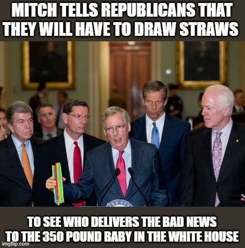 Donald J. Trump---You're Fired!!! | MITCH TELLS REPUBLICANS THAT THEY WILL HAVE TO DRAW STRAWS; TO SEE WHO DELIVERS THE BAD NEWS TO THE 350 POUND BABY IN THE WHITE HOUSE | image tagged in mitch mcconnell,trump is a moron,donald trump is an idiot,donald trump | made w/ Imgflip meme maker