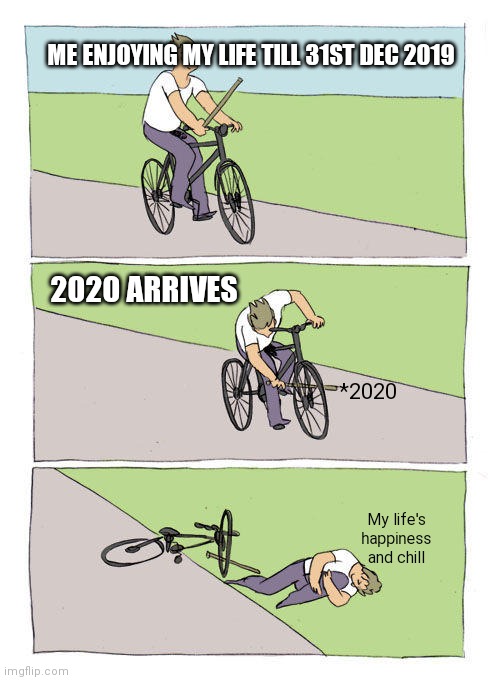 2020 | ME ENJOYING MY LIFE TILL 31ST DEC 2019; 2020 ARRIVES; *2020; My life's happiness and chill | image tagged in memes,bike fall | made w/ Imgflip meme maker