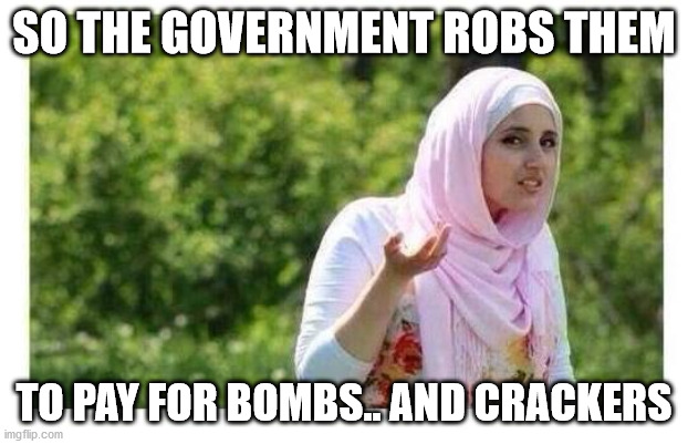 Confused Muslim Girl | SO THE GOVERNMENT ROBS THEM; TO PAY FOR BOMBS.. AND CRACKERS | image tagged in confused muslim girl | made w/ Imgflip meme maker
