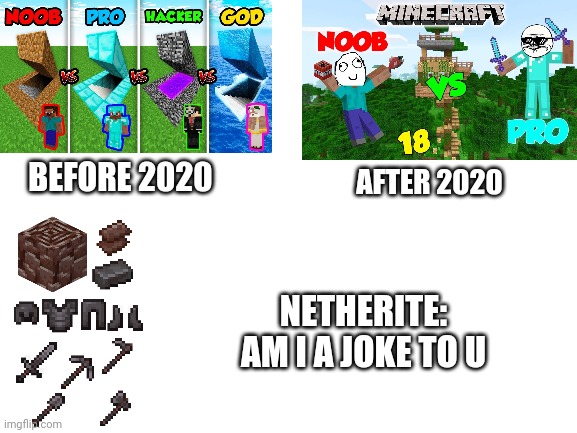 Woooow | BEFORE 2020; AFTER 2020; NETHERITE: AM I A JOKE TO U | image tagged in blank white template,netherite | made w/ Imgflip meme maker