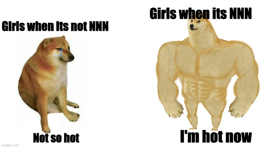 bruh | Girls when its NNN; Girls when its not NNN; I'm hot now; Not so hot | image tagged in swole doge vs cheems flipped | made w/ Imgflip meme maker