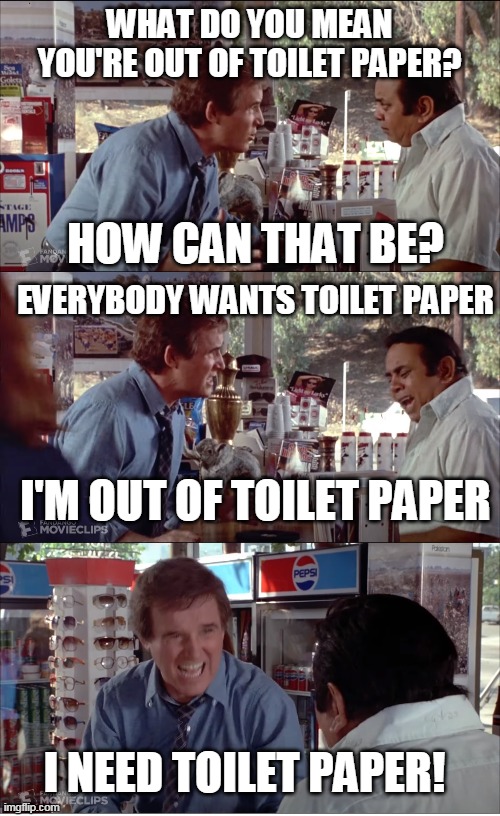 I need toilet paper! | WHAT DO YOU MEAN YOU'RE OUT OF TOILET PAPER? HOW CAN THAT BE? EVERYBODY WANTS TOILET PAPER; I'M OUT OF TOILET PAPER; I NEED TOILET PAPER! | image tagged in i need chocolate,memes,charles grodin,clifford,store clerk,no more toilet paper | made w/ Imgflip meme maker