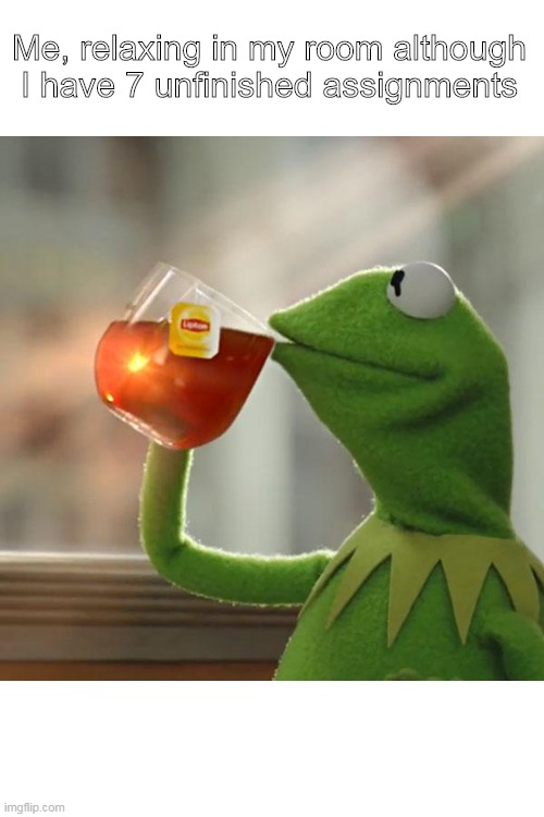 relax | Me, relaxing in my room although I have 7 unfinished assignments | image tagged in memes,but that's none of my business,kermit the frog | made w/ Imgflip meme maker