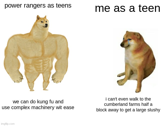 comment if you relate i need to know if i'm the only helpless loser out there | power rangers as teens; me as a teen; we can do kung fu and use complex machinery wit ease; i can't even walk to the cumberland farms half a block away to get a large slushy | image tagged in memes,buff doge vs cheems | made w/ Imgflip meme maker