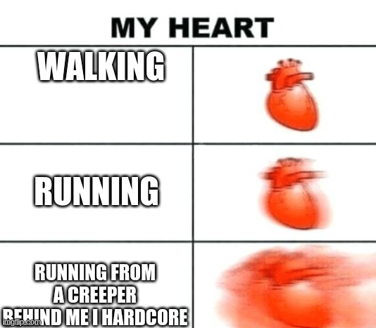 lol so true | WALKING; RUNNING; RUNNING FROM A CREEPER BEHIND ME I HARDCORE | image tagged in beating heart | made w/ Imgflip meme maker