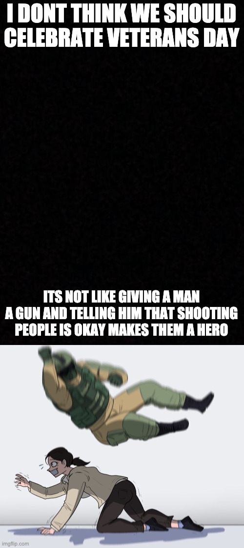 I DONT THINK WE SHOULD CELEBRATE VETERANS DAY; ITS NOT LIKE GIVING A MAN A GUN AND TELLING HIM THAT SHOOTING PEOPLE IS OKAY MAKES THEM A HERO | image tagged in blank,rainbow six - fuze the hostage | made w/ Imgflip meme maker