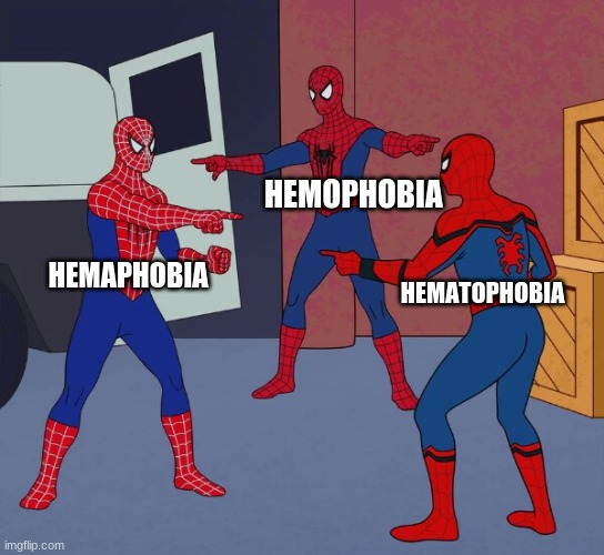There were 3 phobias for fear of blood and this meme just fit so well | HEMOPHOBIA; HEMAPHOBIA; HEMATOPHOBIA | image tagged in spider man triple,phobia,memes | made w/ Imgflip meme maker