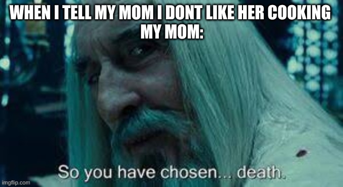 WHEN I TELL MY MOM I DONT LIKE HER COOKING 
MY MOM: | image tagged in memes to meme | made w/ Imgflip meme maker