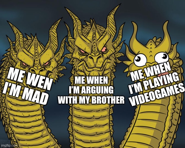 I made a spelling error. | ME WEN I’M MAD; ME WHEN I’M PLAYING VIDEOGAMES; ME WHEN I’M ARGUING WITH MY BROTHER | image tagged in three-headed dragon | made w/ Imgflip meme maker