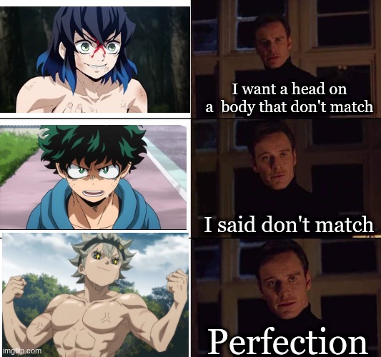 Why tho.....XD | I want a head on a  body that don't match; I said don't match; Perfection | image tagged in i want the real,demon slayer,my hero academia,black clover | made w/ Imgflip meme maker