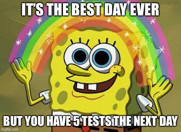 Imagination Spongebob | IT’S THE BEST DAY EVER; BUT YOU HAVE 5 TESTS THE NEXT DAY | image tagged in memes,imagination spongebob | made w/ Imgflip meme maker
