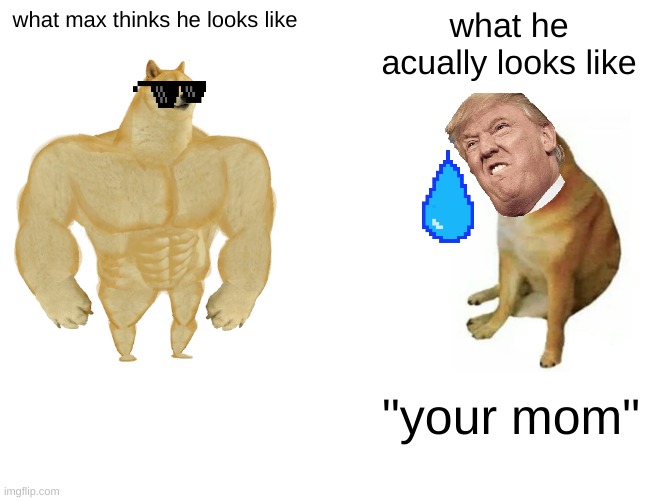 Buff Doge vs. Cheems | what max thinks he looks like; what he acually looks like; "your mom" | image tagged in memes,buff doge vs cheems | made w/ Imgflip meme maker